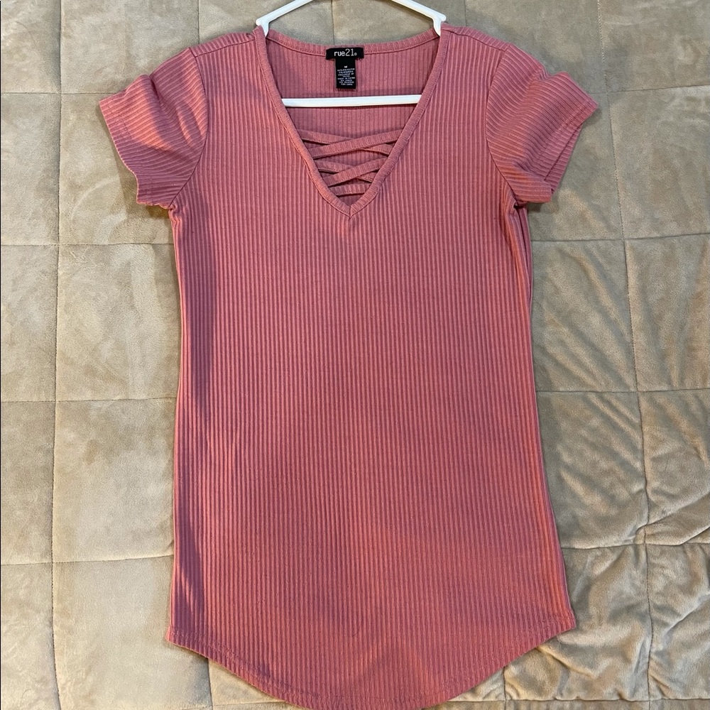 Cross Neck Pink Dress Shirt Size M